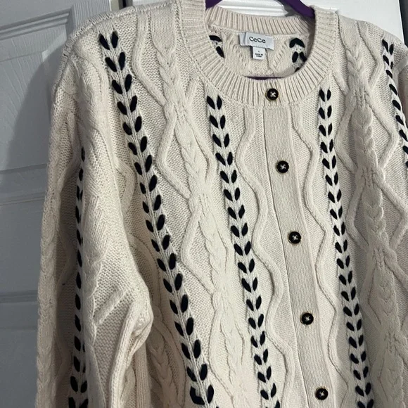CeCe Women's Cream and Black Cable Knit Cardigan - Picture 6 of 11
